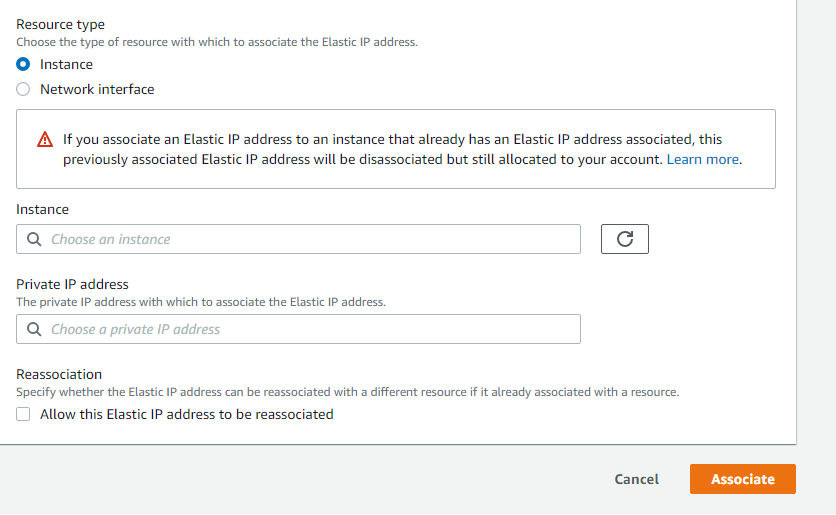 Choose an instance to associate with elastic IP