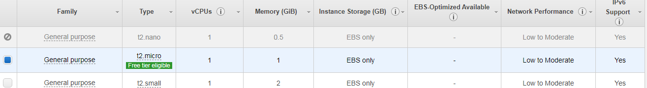 Choose t2.micro